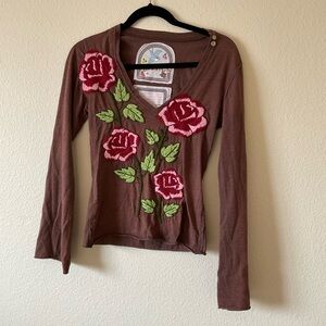 Johnny Was Joystick Brown Floral Embroidered Shirt size medium